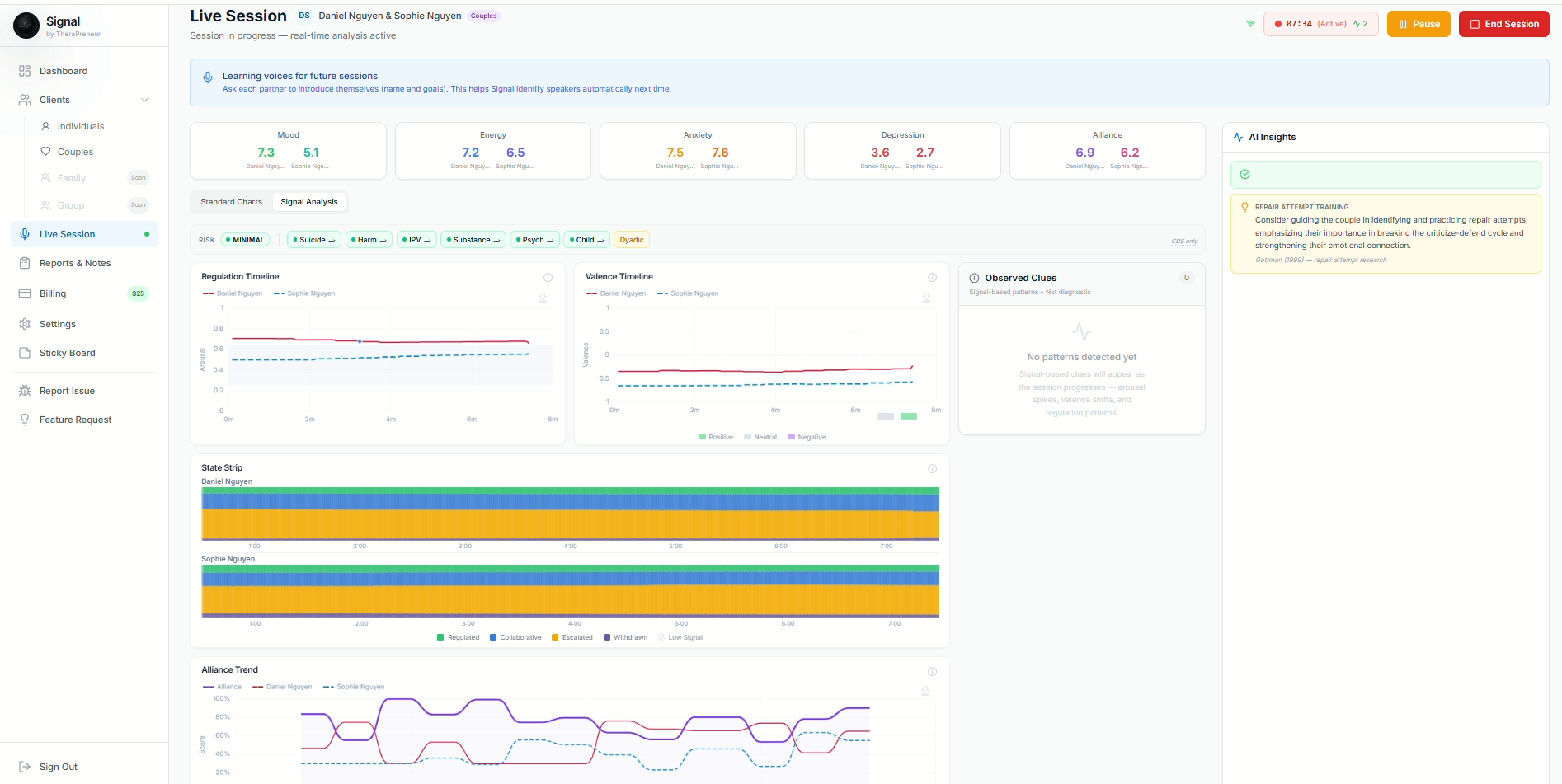 SignalEHR couples session dashboard with live analytics, AI insights, and emotion charts